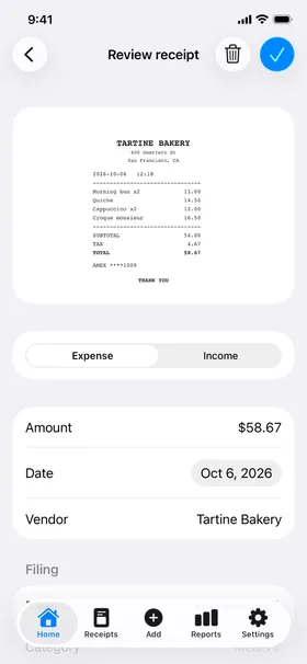 Reviewing a receipt from Tartine Bakery: the photo, with the amount, date and shop read from it