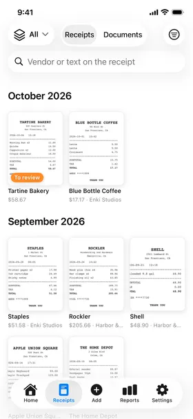 The Receipts tab: receipt photos by month, searchable by any text printed on them